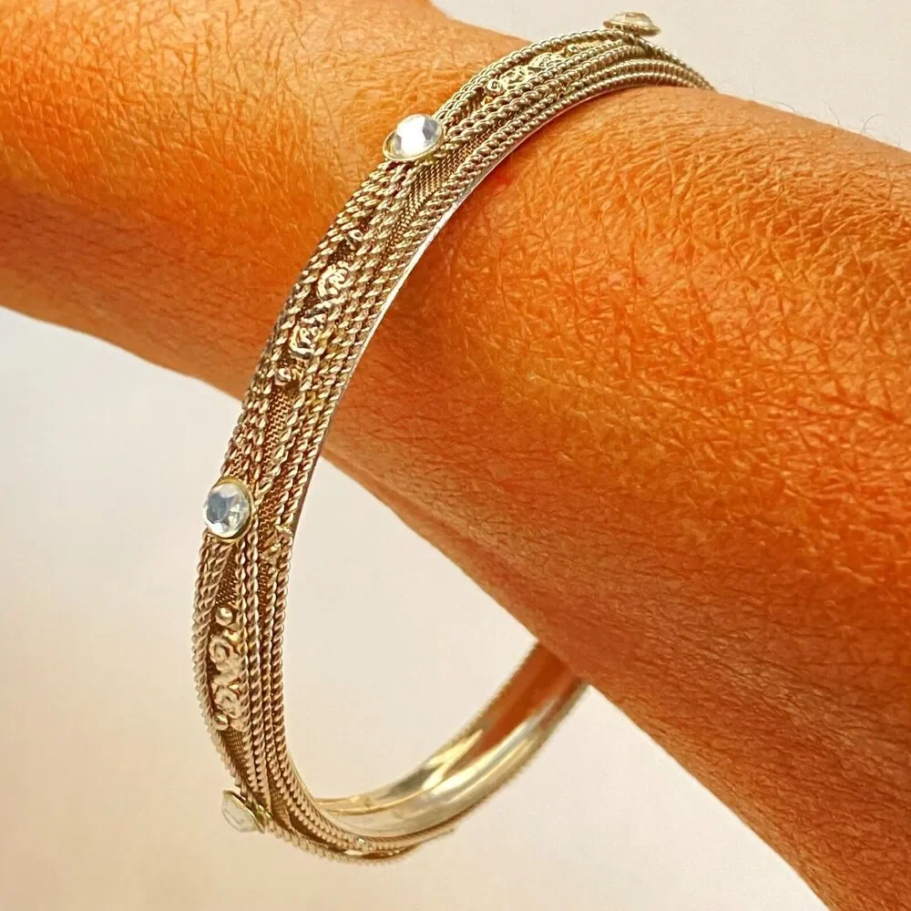 Silver Tone Ornate Bangle Clear Rhinestones and Filigree Embellishments